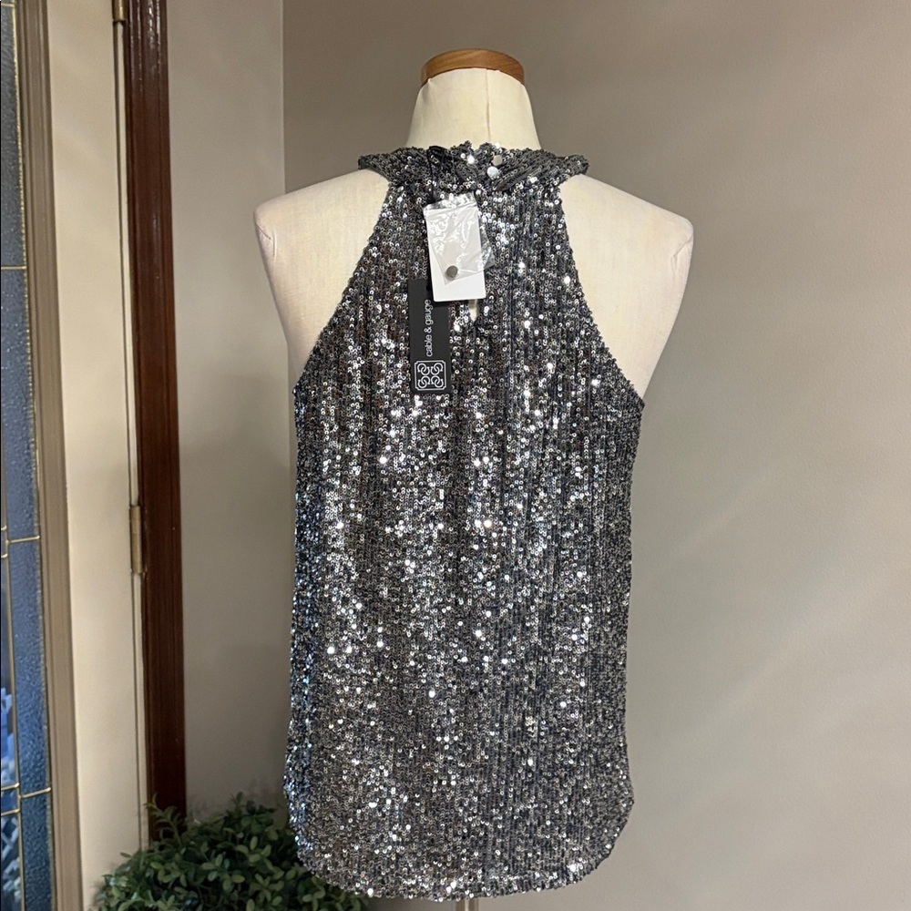 Silver Sequin Halter tank Top stretchy Cable & Gauge holiday evening formal med - Picture 6 of 11